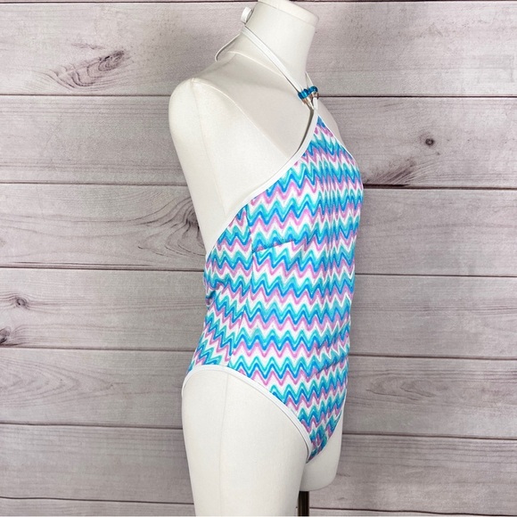 L*Space Mirabella One Piece Swimsuit Halter ZigZag Blue Purple Sz M - Picture 2 of 12
